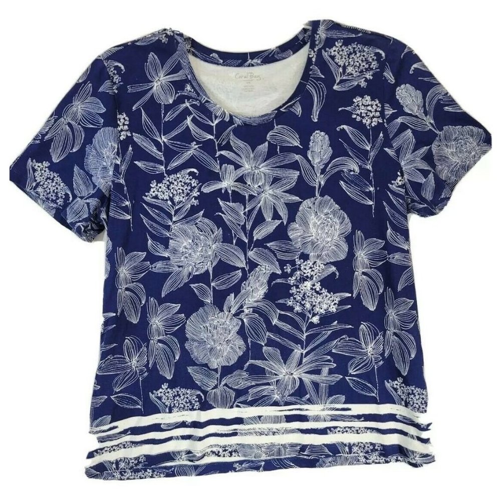 Coral Bay Women's Casual Short Sleeve Top Blouse 100% Cotton Size 1X Floral Blue
